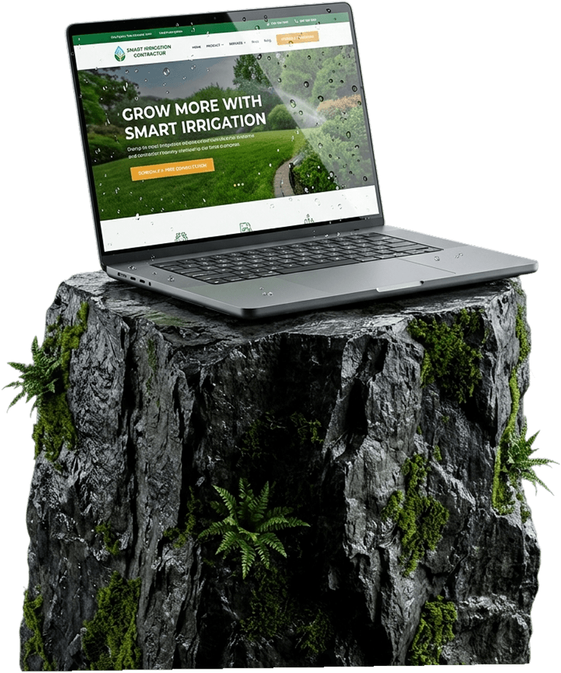 Irrigation contractor website on a laptop, on a mossy stone pedestal