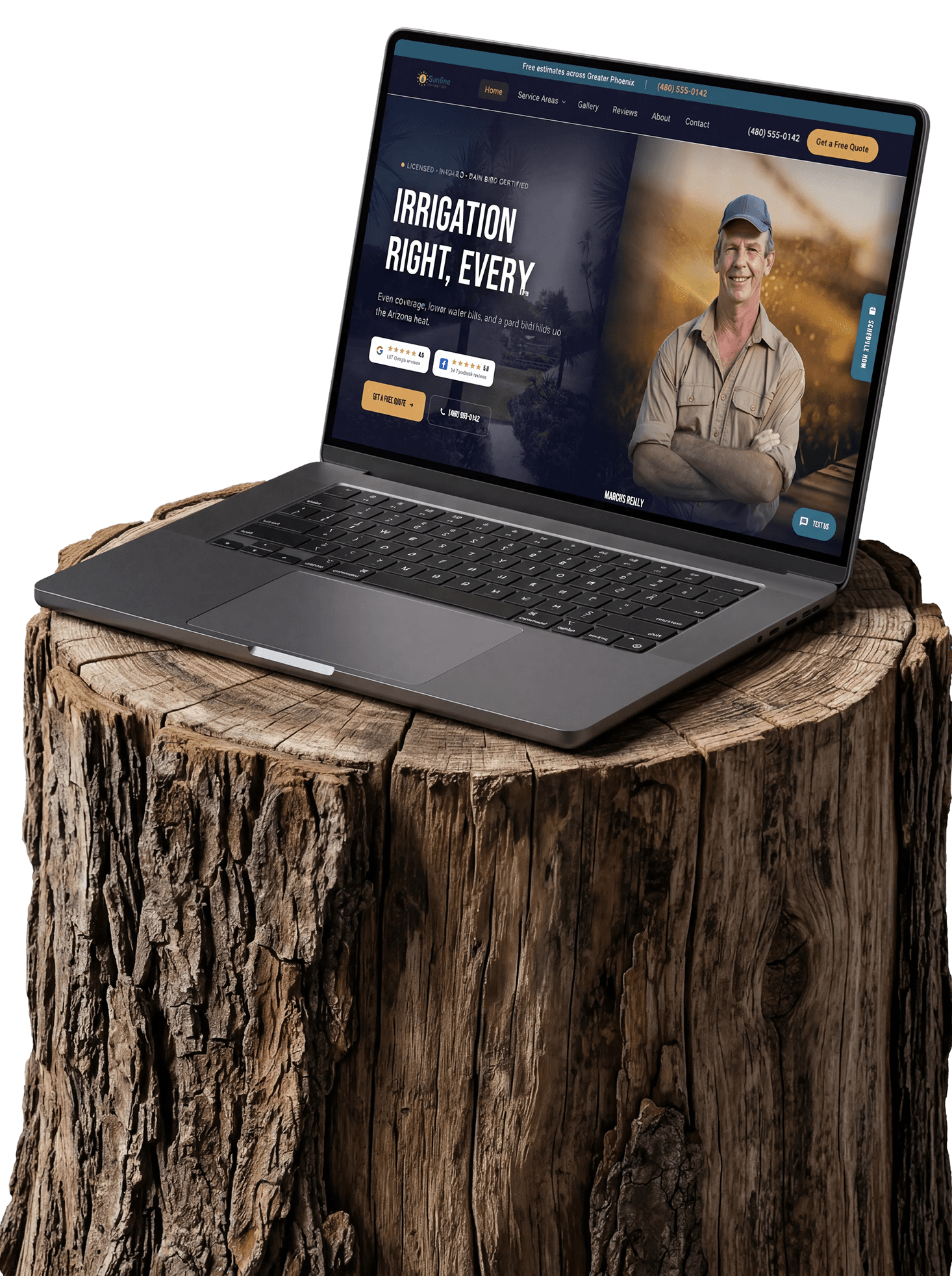Sunline Irrigation website on a laptop, on a tree stump