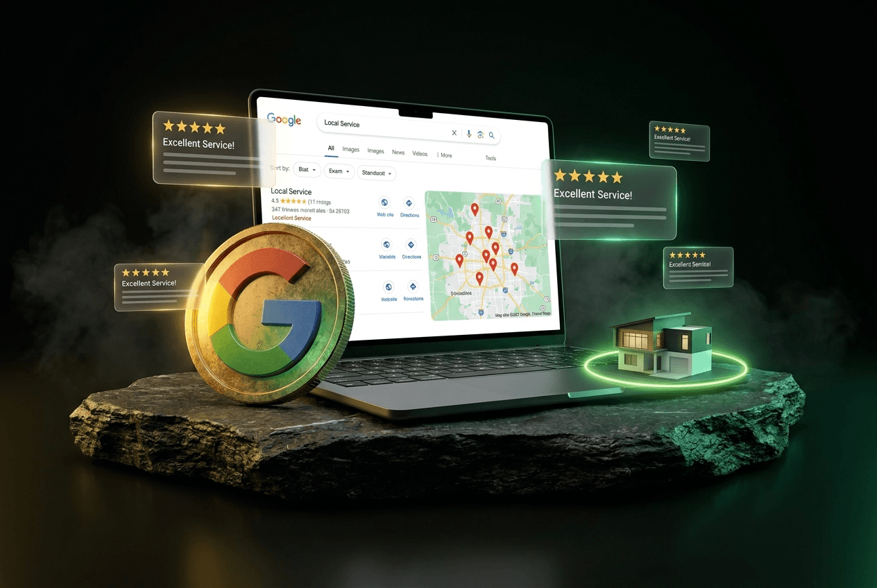 Google Business Profile, map pin, and review cards composite