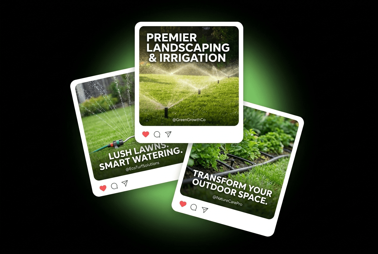 Stacked social media post mockups for a landscaping brand